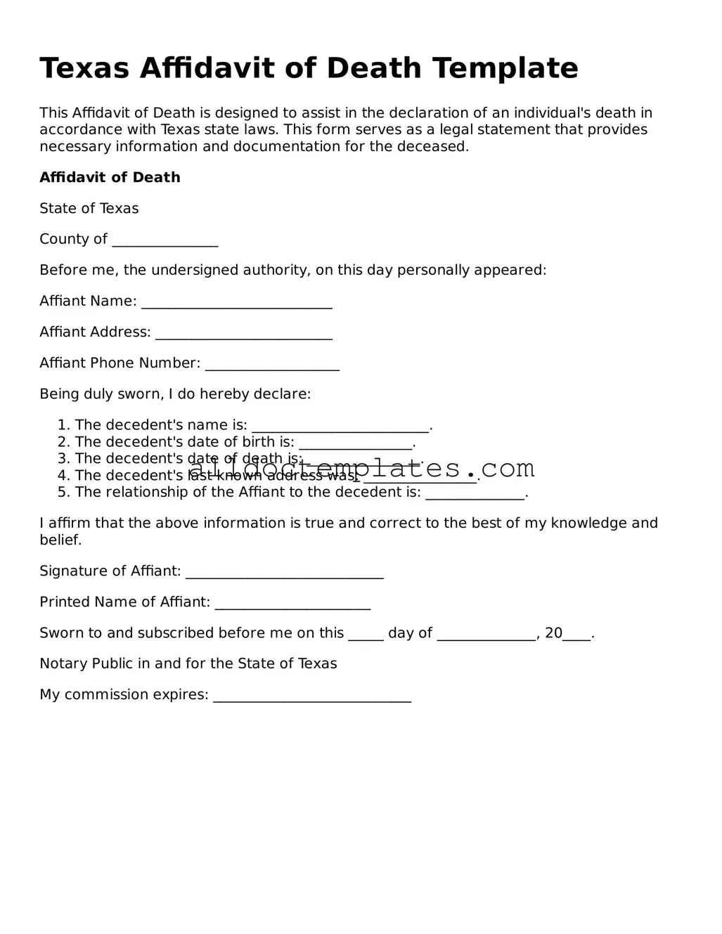 Free Affidavit of Death Document for Texas State