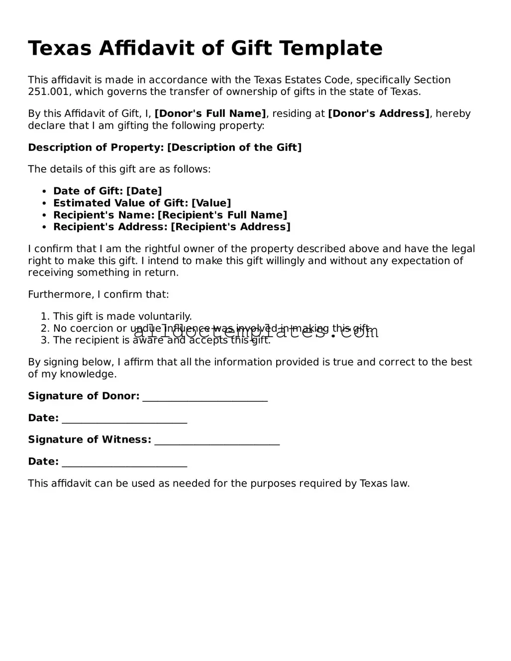 Free Affidavit of Gift Document for Texas State