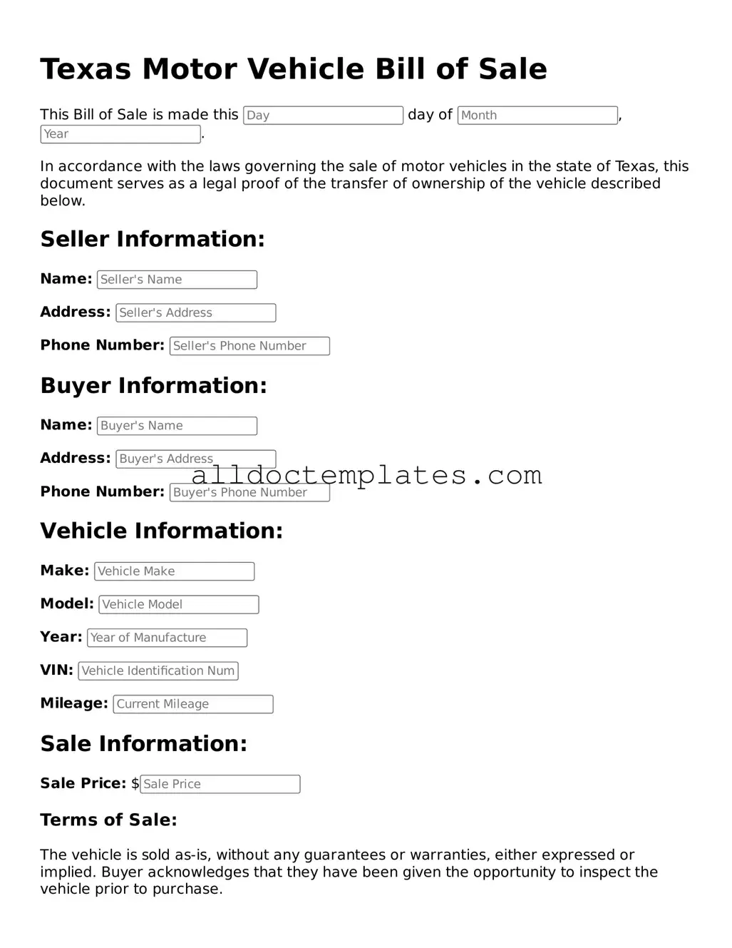 Free Motor Vehicle Bill of Sale Document for Texas State