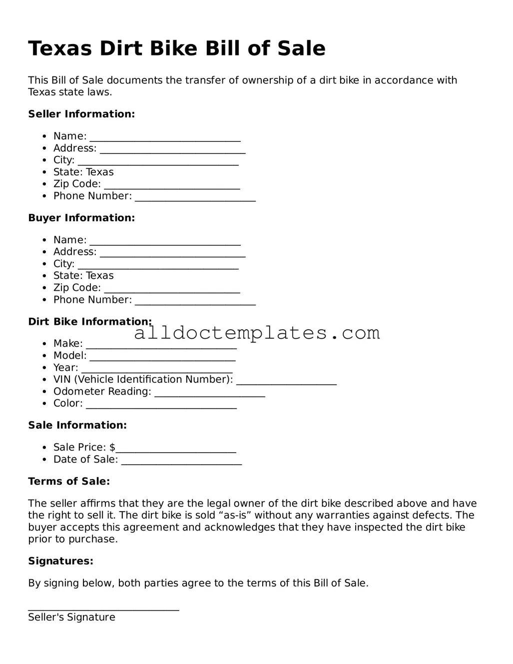 Free Dirt Bike Bill of Sale Document for Texas State