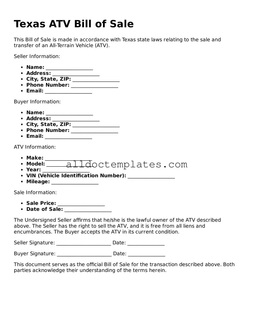 Free ATV Bill of Sale Document for Texas State