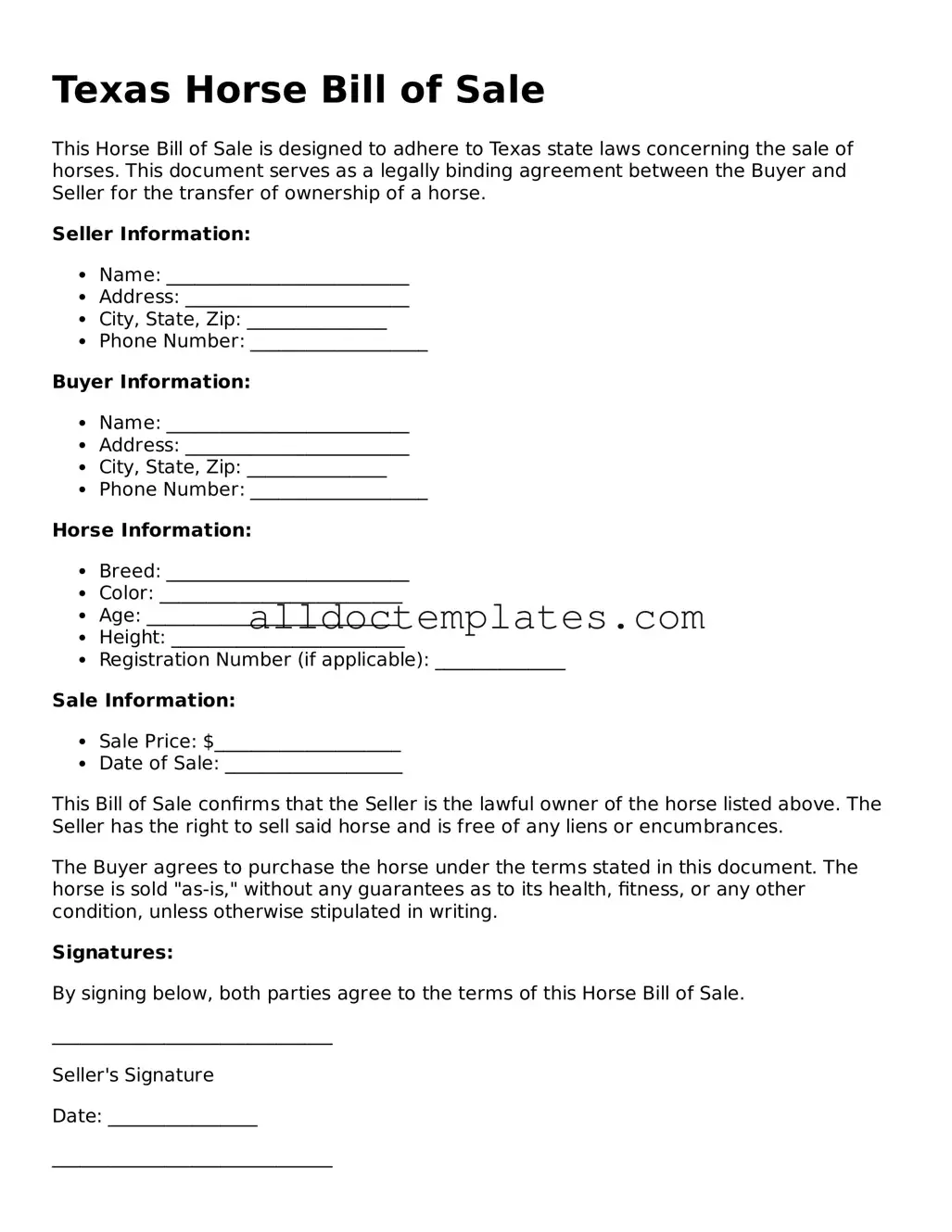 Free Horse Bill of Sale Document for Texas State