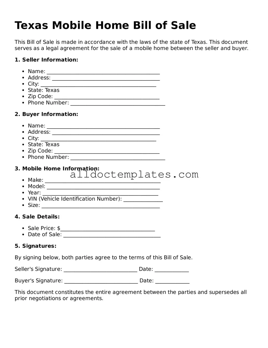 Free Mobile Home Bill of Sale Document for Texas State