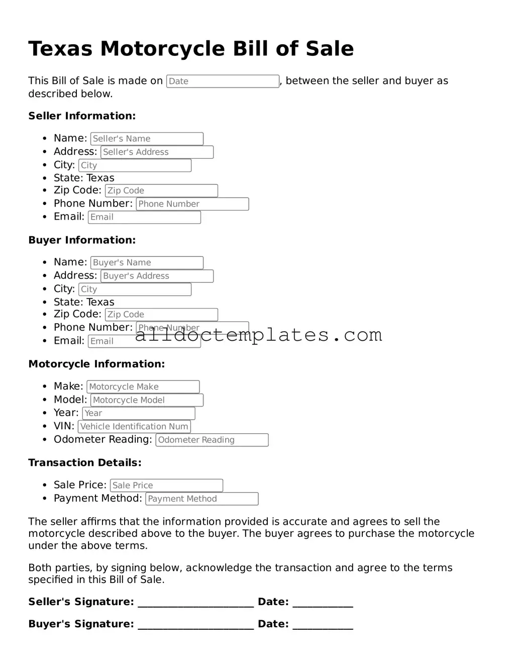 Free Motorcycle Bill of Sale Document for Texas State