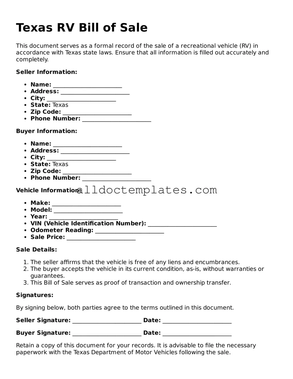 Free RV Bill of Sale Document for Texas State