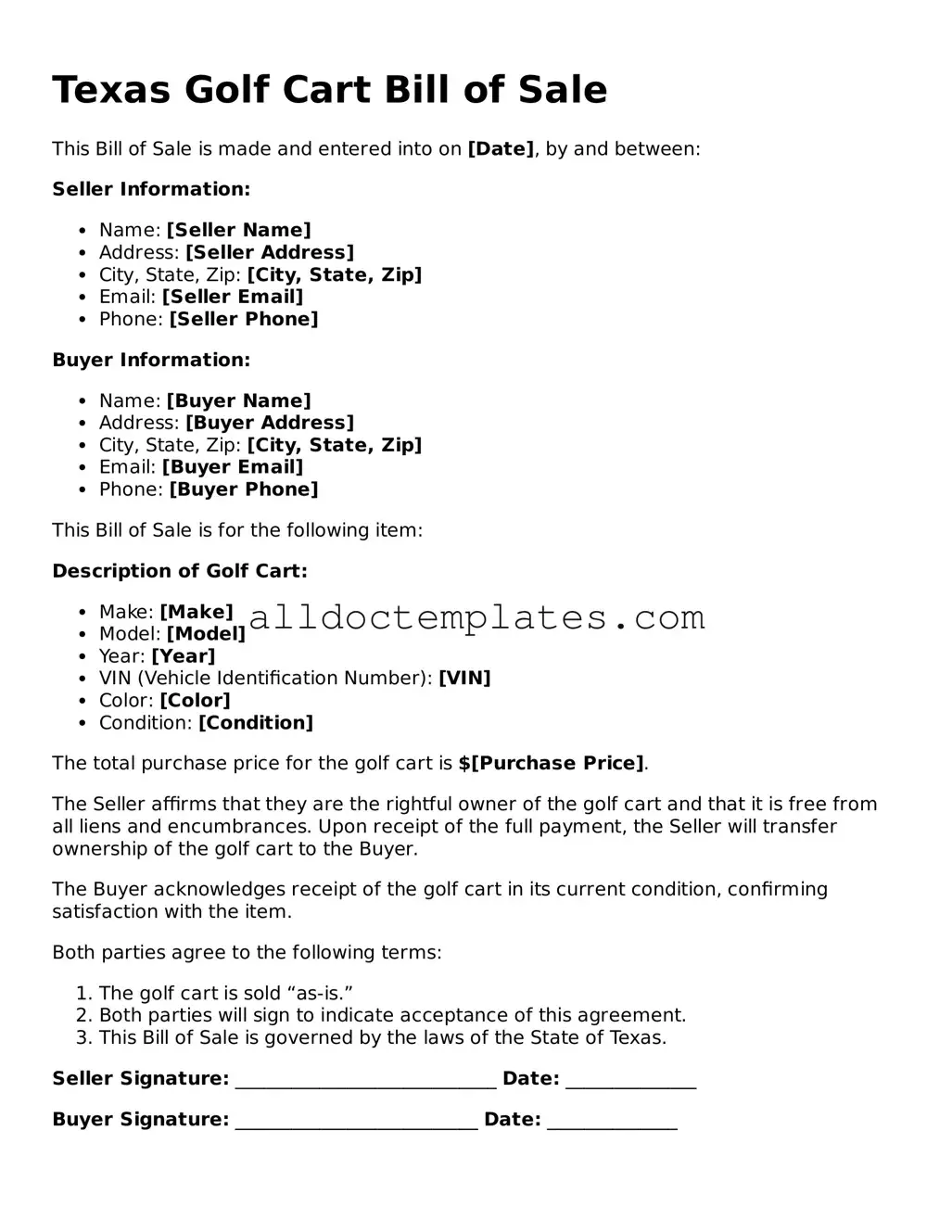 Free Golf Cart Bill of Sale Document for Texas State