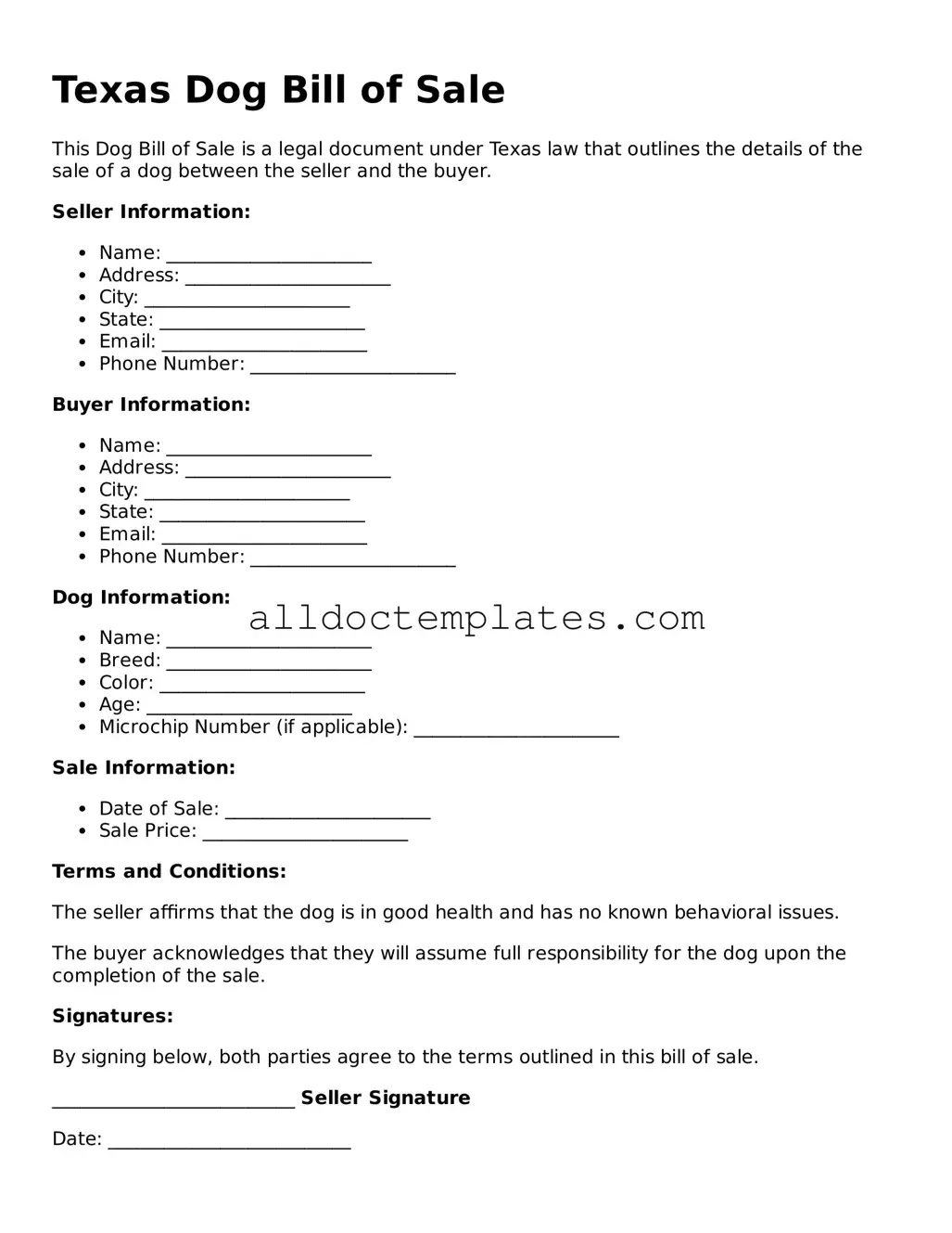 Free Dog Bill of Sale Document for Texas State