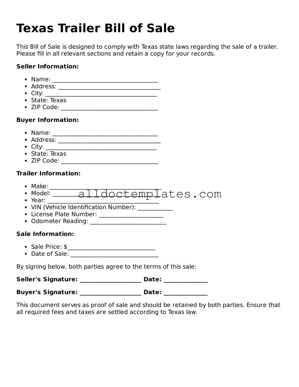 Free Trailer Bill of Sale Document for Texas State