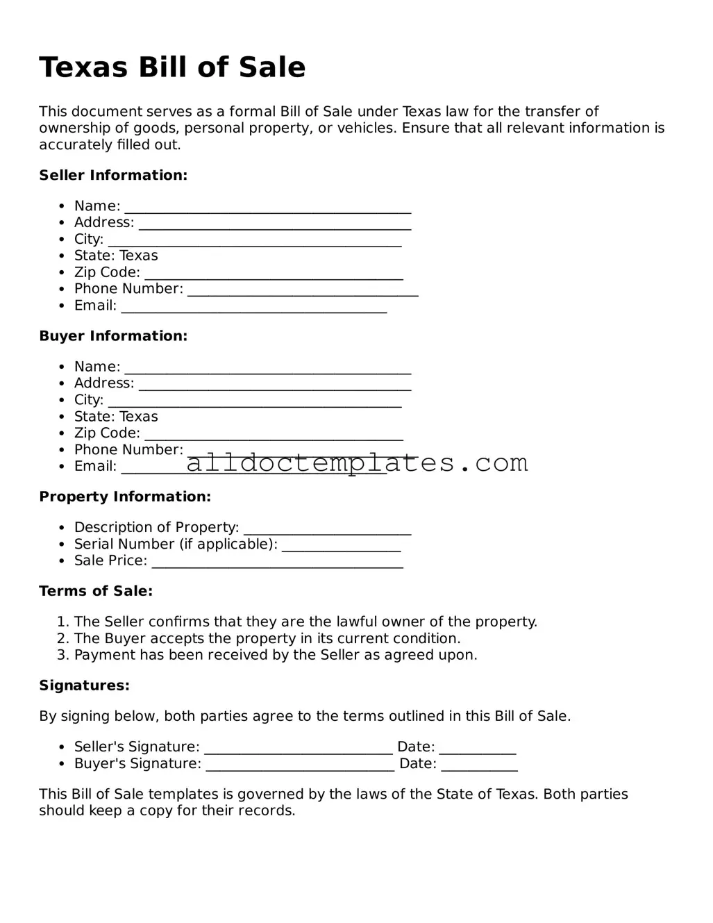 Free Bill of Sale Document for Texas State