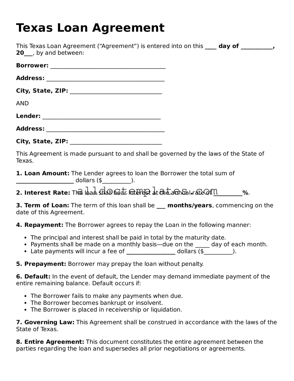 Free Loan Agreement Document for Texas State