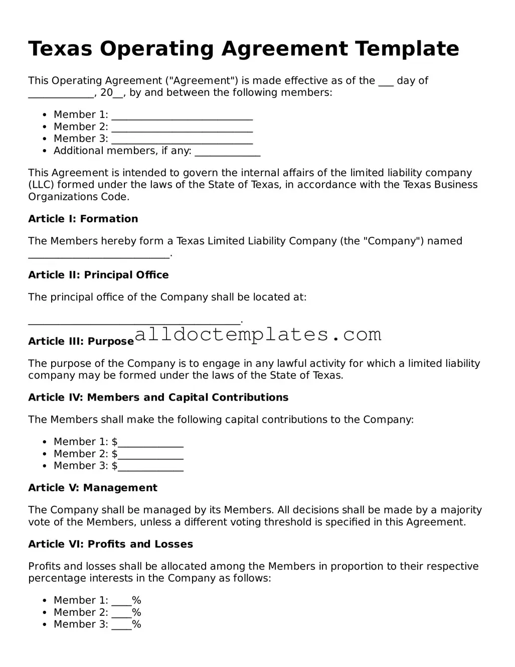 Free Operating Agreement Document for Texas State