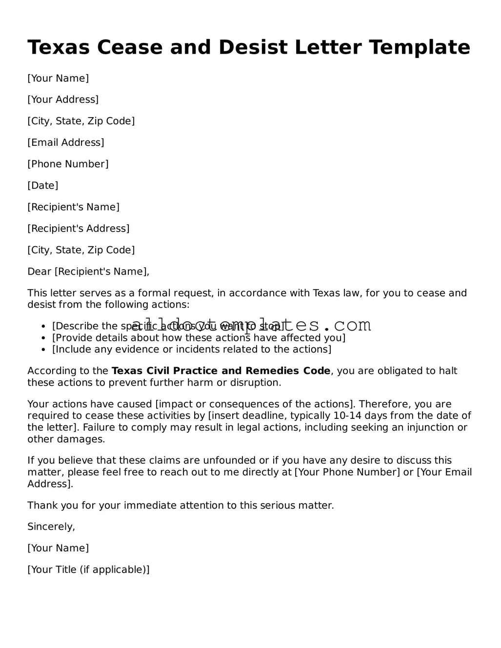Free Cease and Desist Letter Document for Texas State