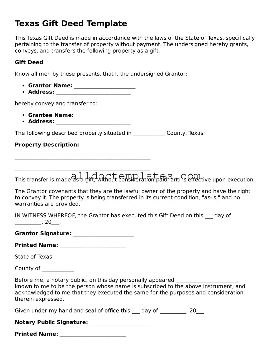 Free Gift Deed Document for Texas State
