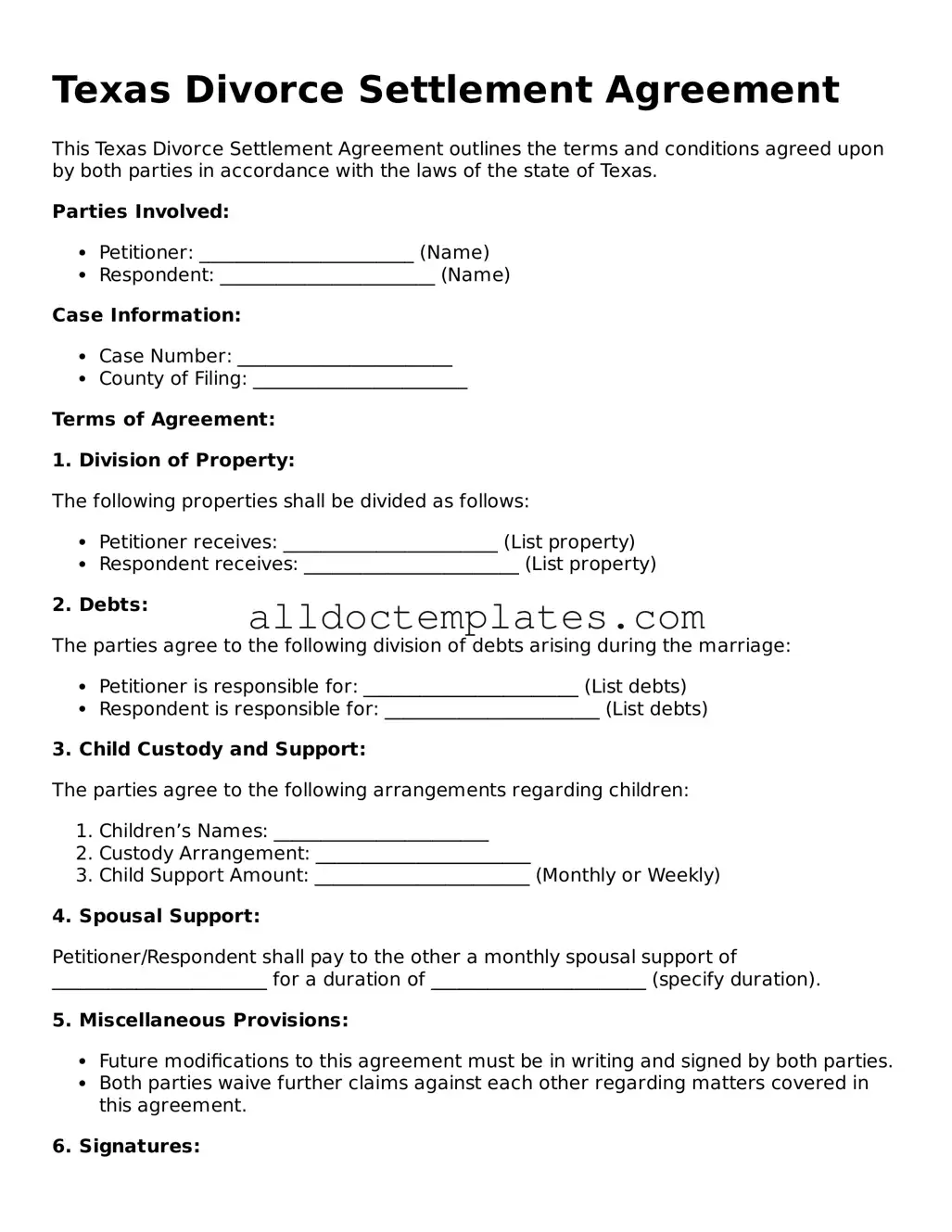 Free Divorce Settlement Agreement Document for Texas State