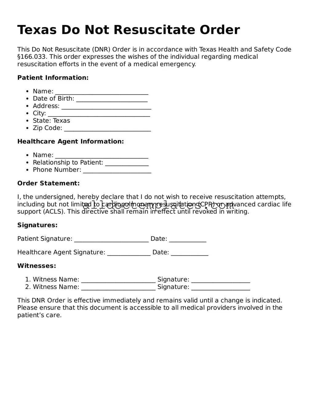 Free Do Not Resuscitate Order Document for Texas State