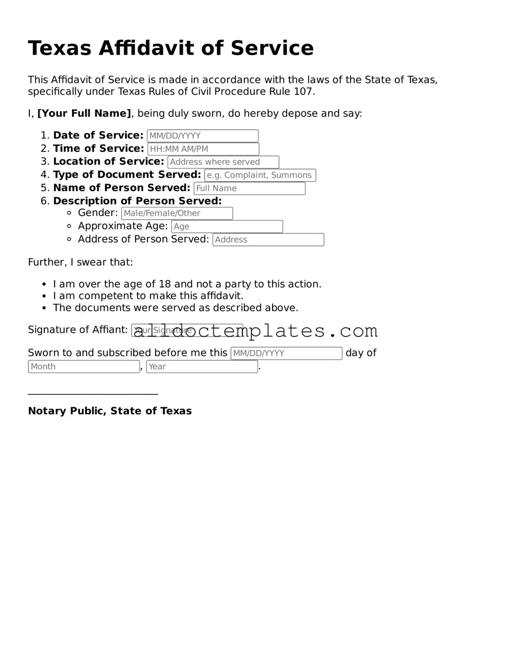 Free Affidavit of Service Document for Texas State