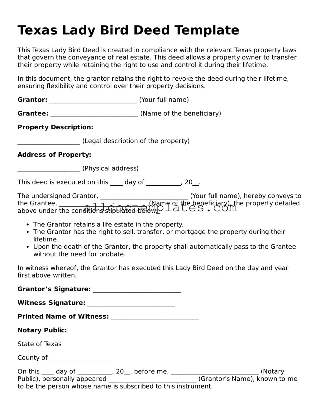 Free Lady Bird Deed Document for Texas State