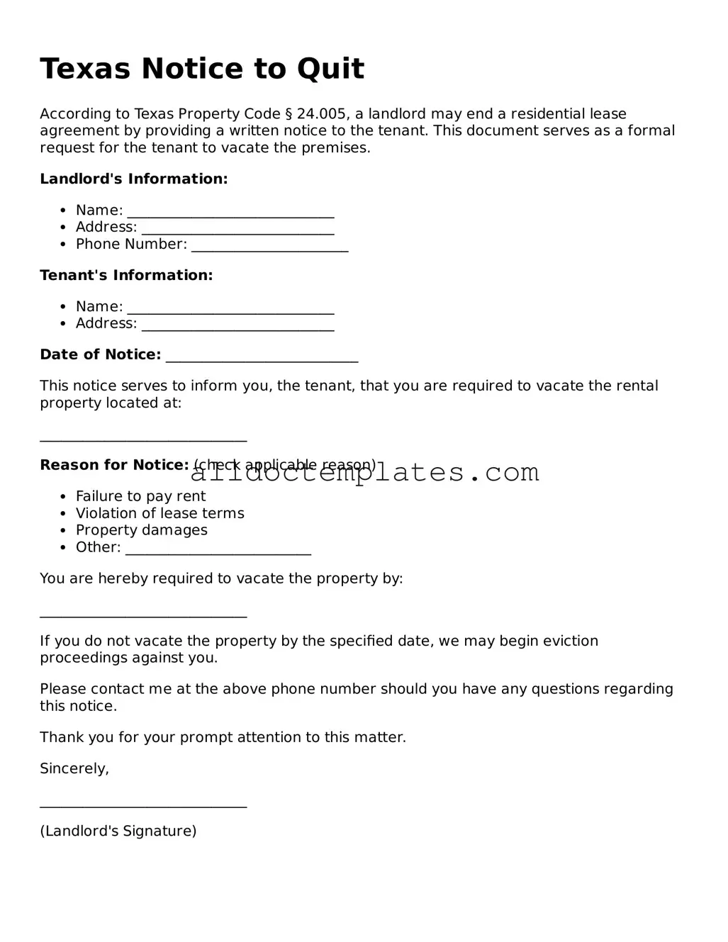 Free Notice to Quit Document for Texas State