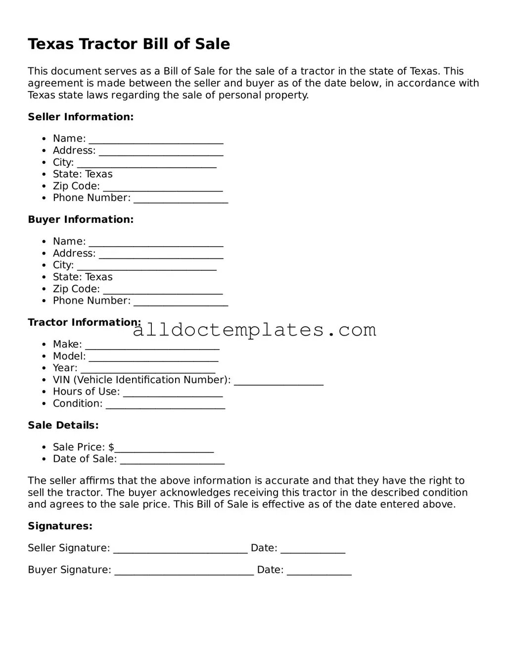 Free Tractor Bill of Sale Document for Texas State