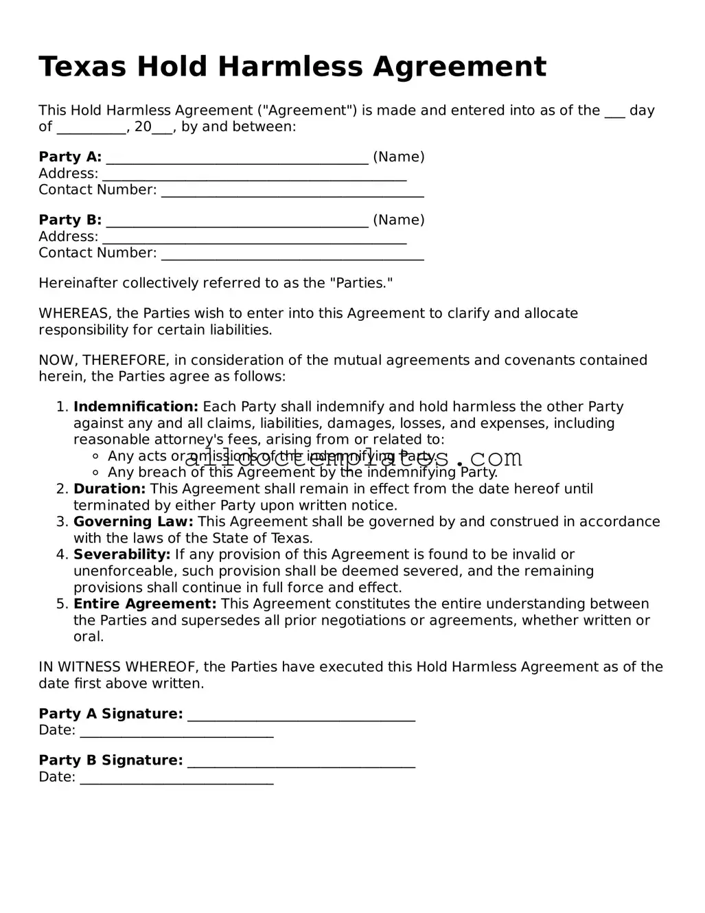 Free Hold Harmless Agreement Document for Texas State