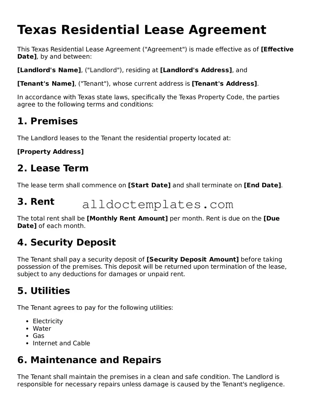 Free Residential Lease Agreement Document for Texas State