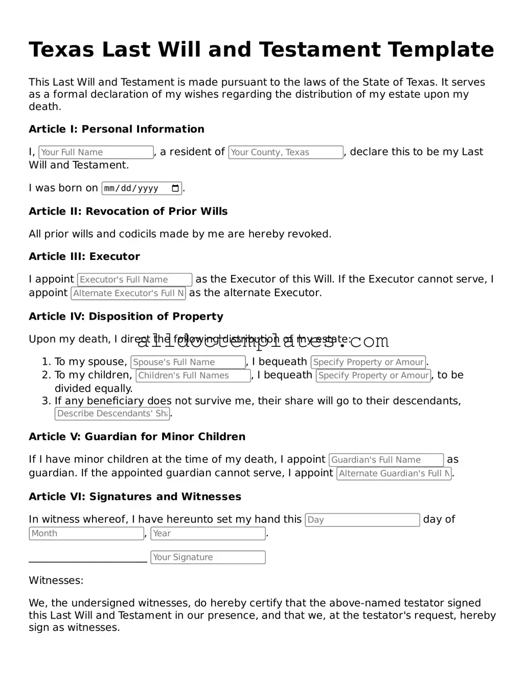 Free Last Will and Testament Document for Texas State