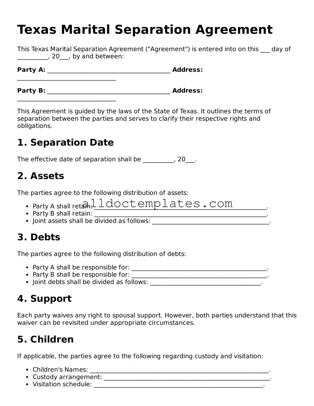 Free Marital Separation Agreement Document for Texas State