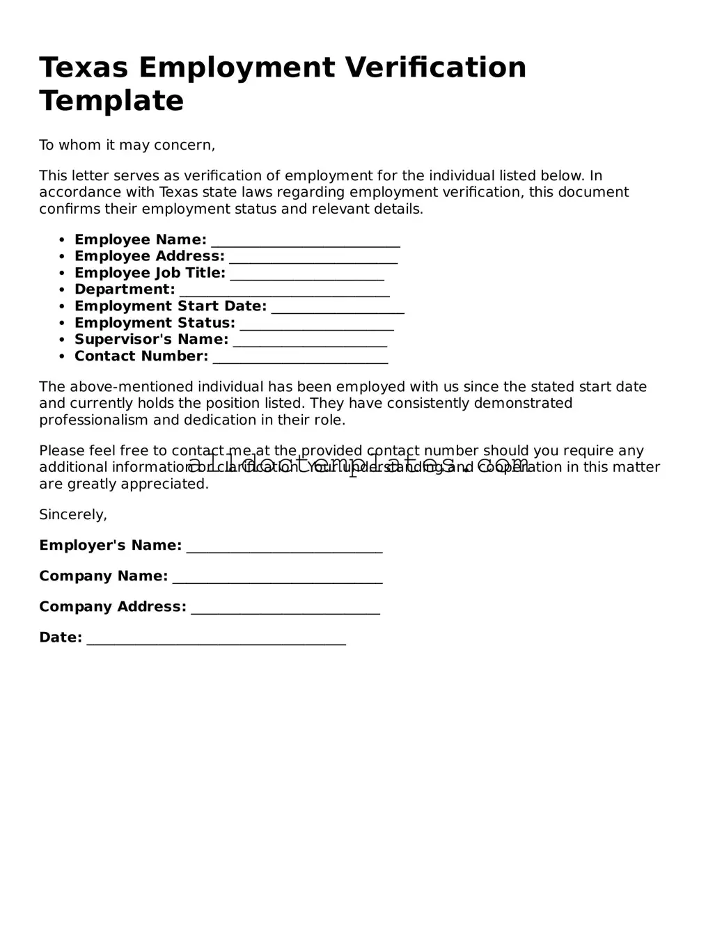 Free Employment Verification Document for Texas State