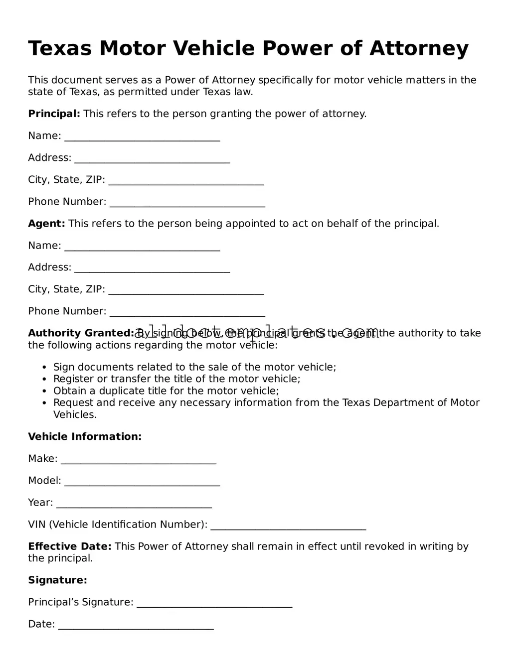 Free Motor Vehicle Power of Attorney Document for Texas State