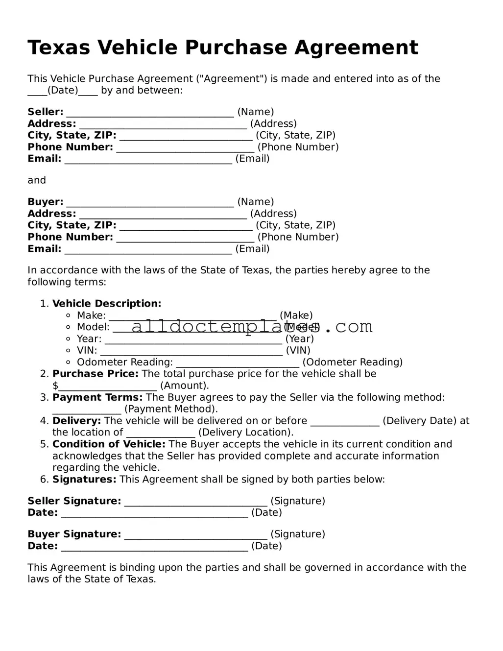 Free Vehicle Purchase Agreement Document for Texas State