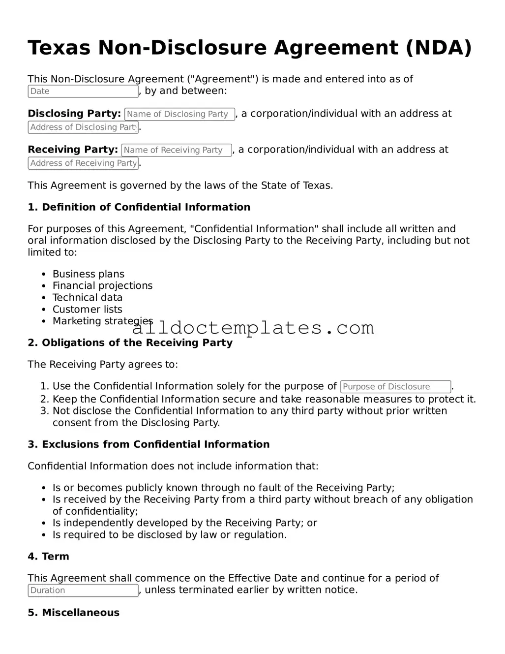 Free Non-disclosure Agreement Document for Texas State