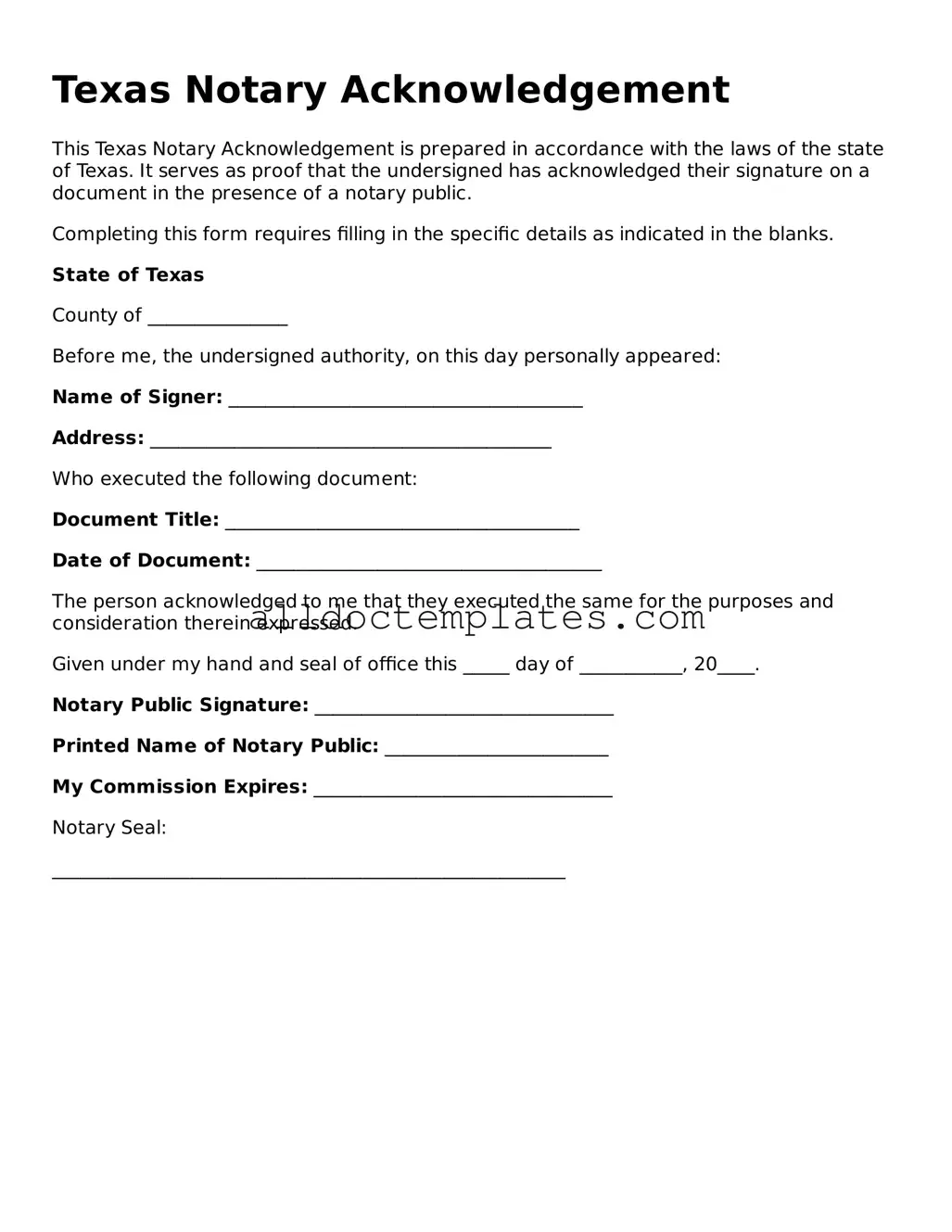 Free Notary Acknowledgement Document for Texas State