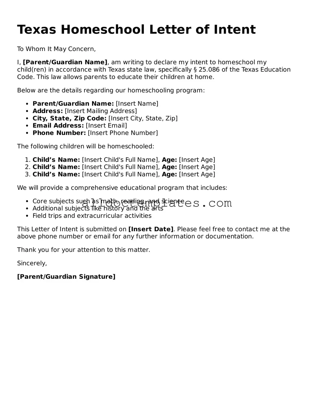 Free Homeschool Letter of Intent Document for Texas State