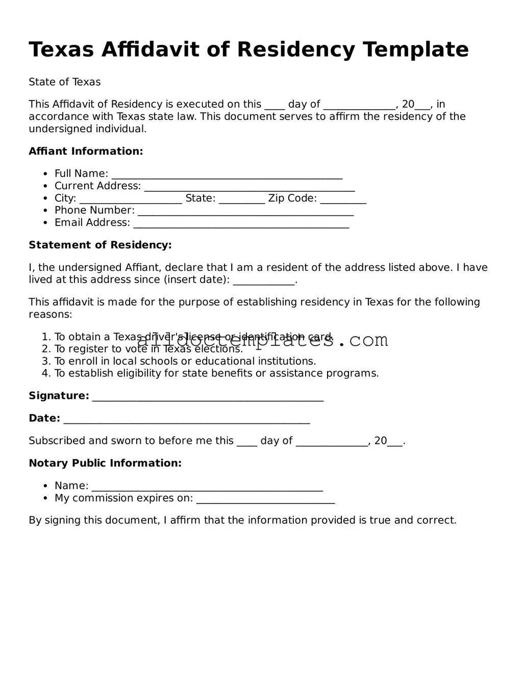 Free Affidavit of Residency Document for Texas State
