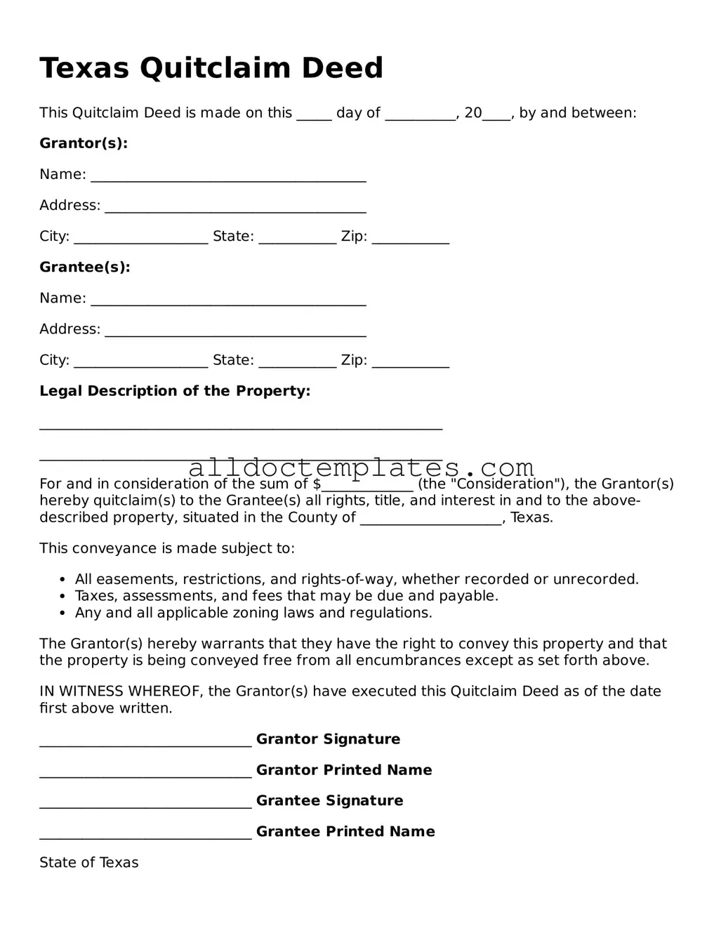 Free Quitclaim Deed Document for Texas State