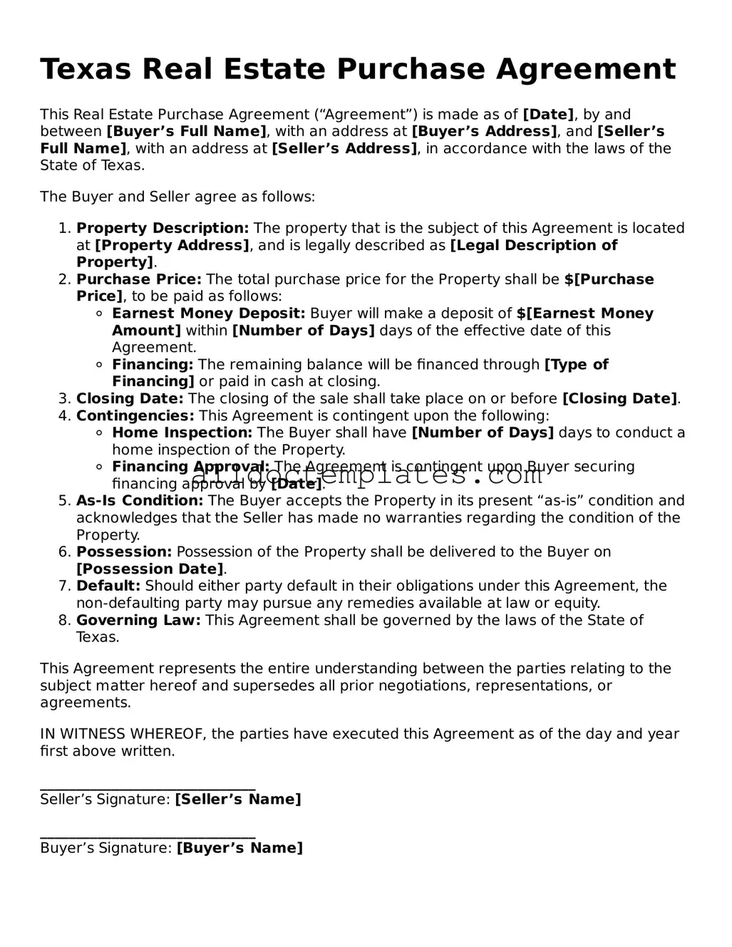 Free Real Estate Purchase Agreement Document for Texas State