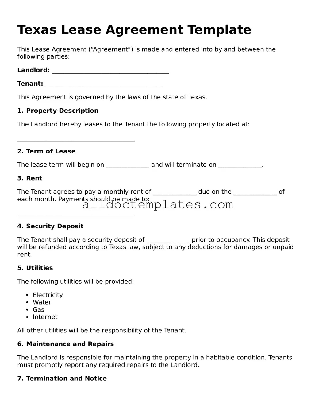 Free Lease Agreement Document for Texas State