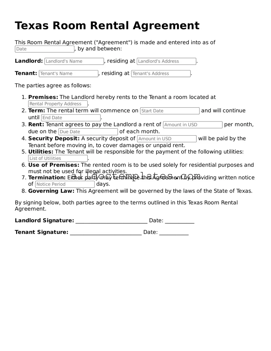 Free Room Rental Agreement Document for Texas State