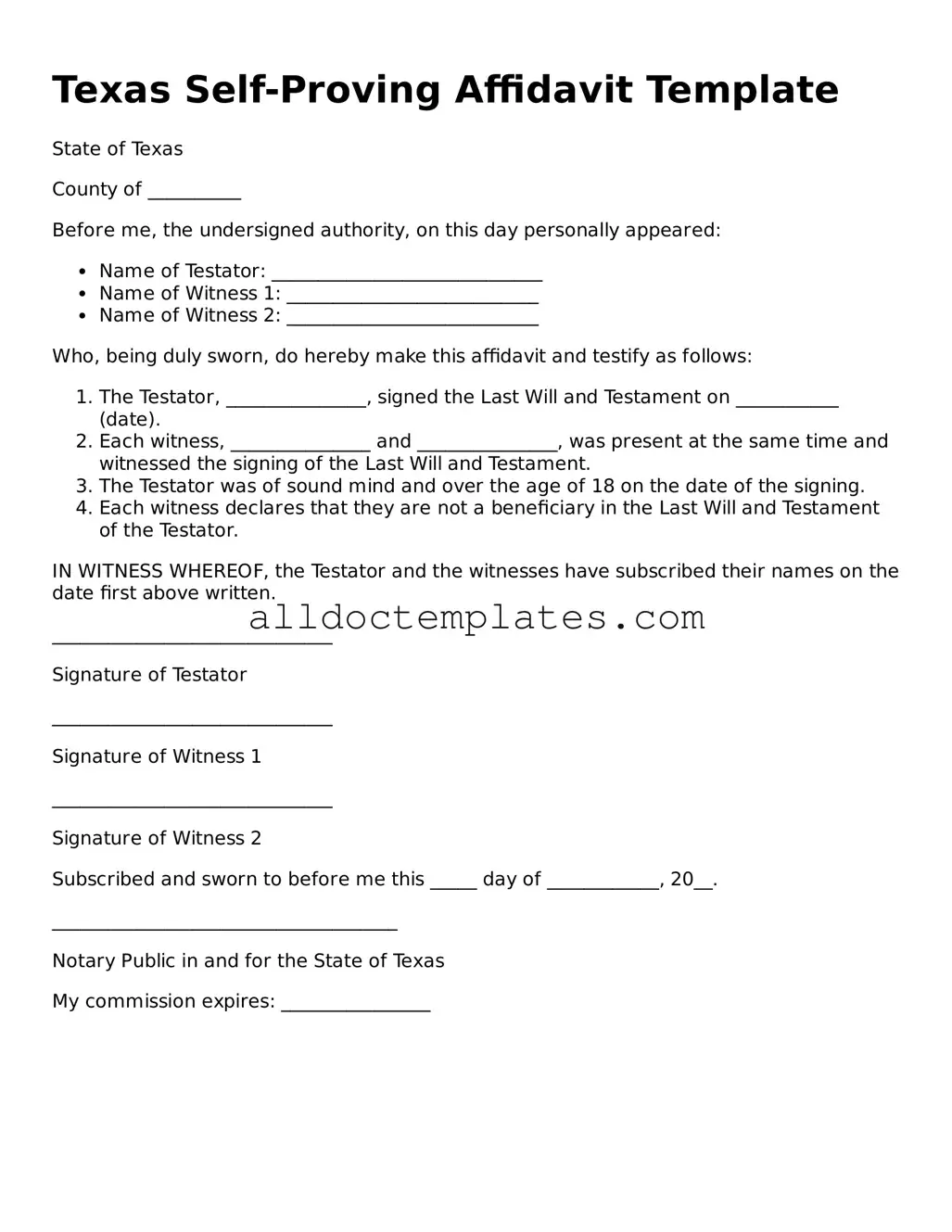 Free Self-Proving Affidavit Document for Texas State
