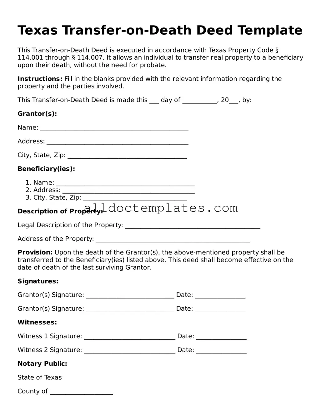 Free Transfer-on-Death Deed Document for Texas State