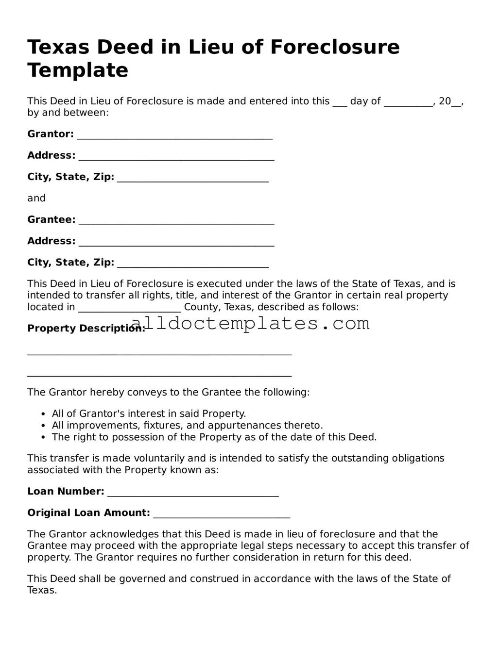 Free Deed in Lieu of Foreclosure Document for Texas State