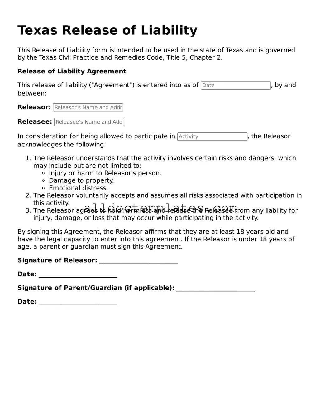 Free Release of Liability Document for Texas State