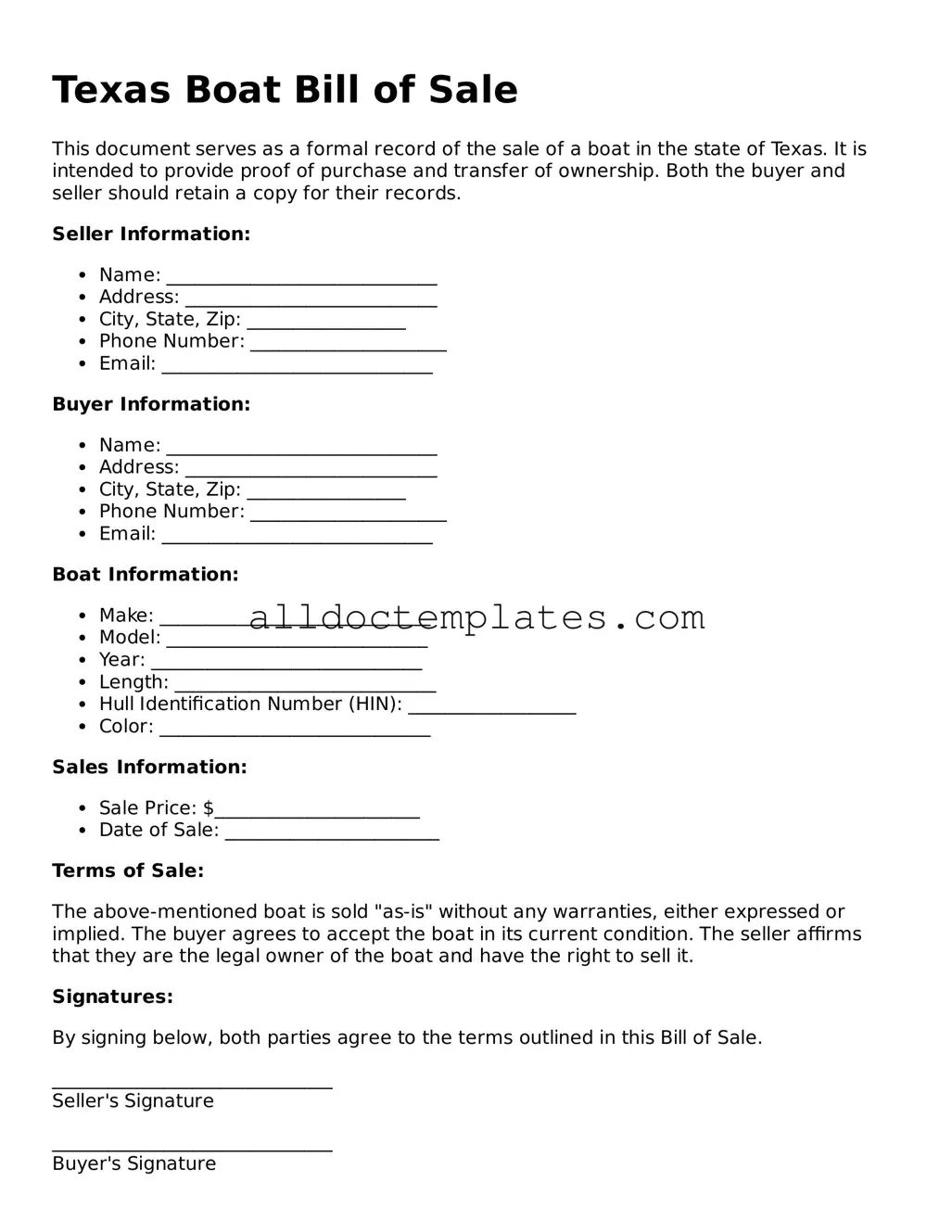 Free Boat Bill of Sale Document for Texas State