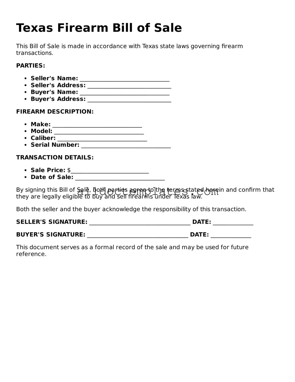 Free Firearm Bill of Sale Document for Texas State