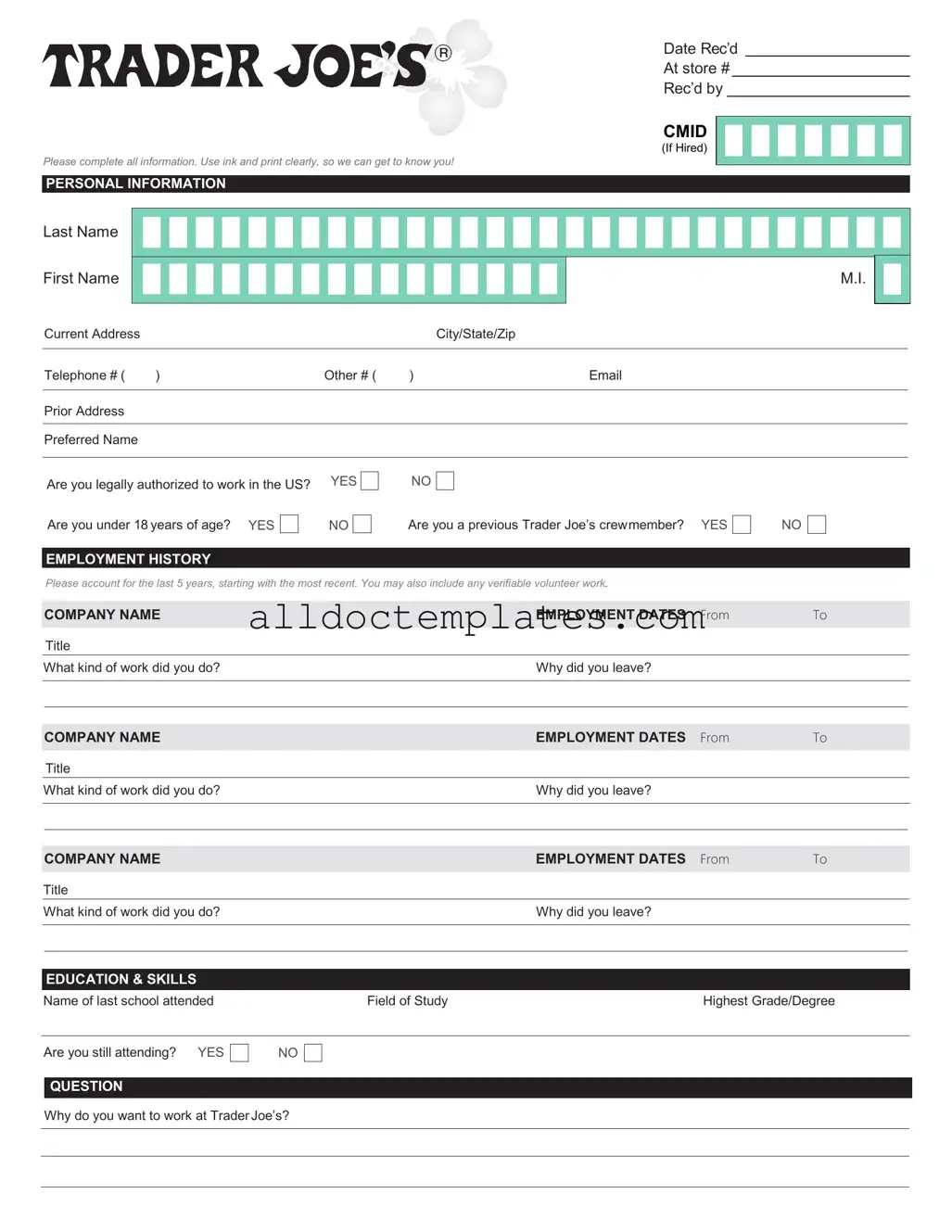 Fill in a Valid Trader Joe's application Form