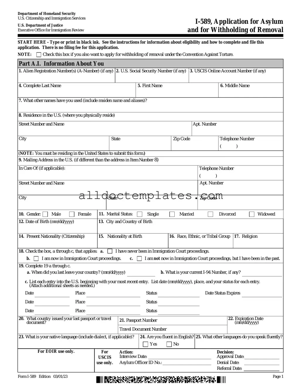 Fill in a Valid USCIS I-589 Form