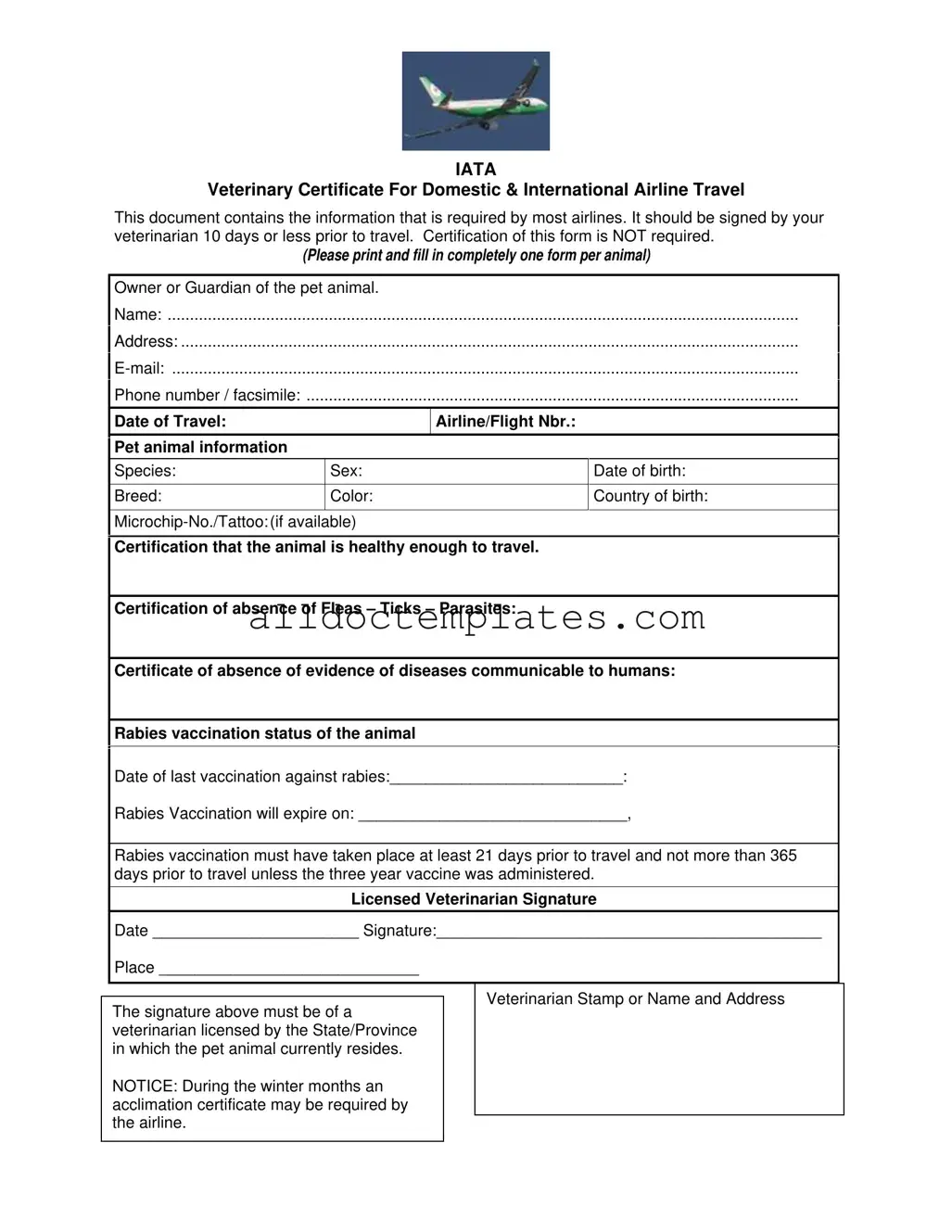 Fill in a Valid Veterinary Certificate Travel Form
