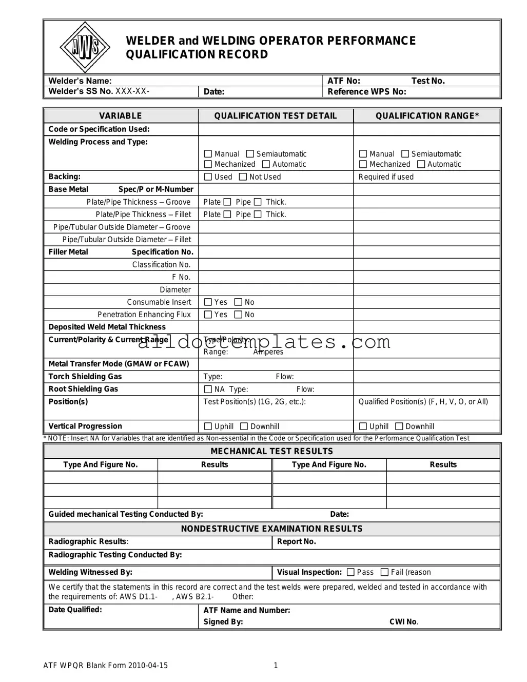 Fill in a Valid Welder Performance Qualification Record Form