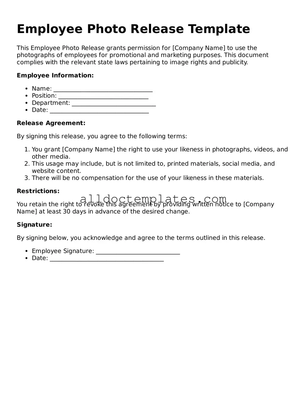 Valid Employee Photo Release Template